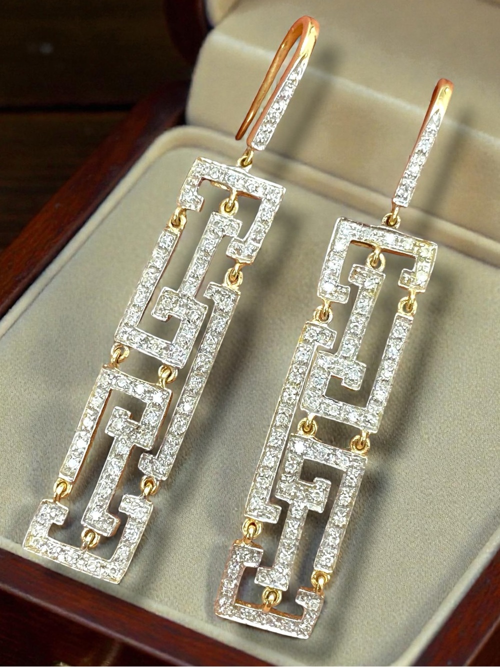 Exquisite 14K Yellow Gold Pave VS DIAMOND 2.25” Long GREEK KEY Dangle Earrings!